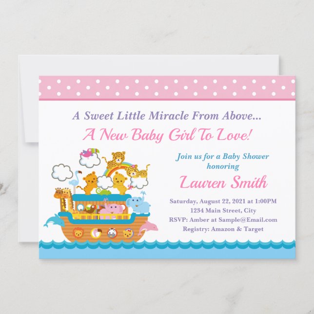 Noah's Ark Girl Baby Shower Invitation 5x7 Card (Front)