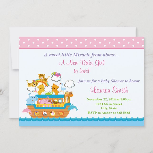 Noah's Ark Girl Baby Shower Invitation 5x7 Card (Front)