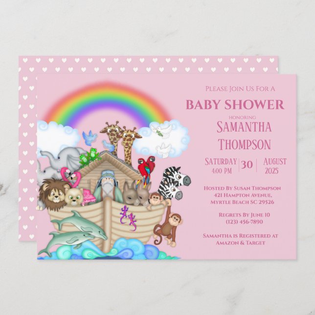 Noah's Ark Girls Baby Shower Invitation (Front/Back)