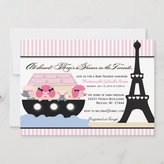 Noahs Ark Goes To Paris Invitation for Girls (Front)