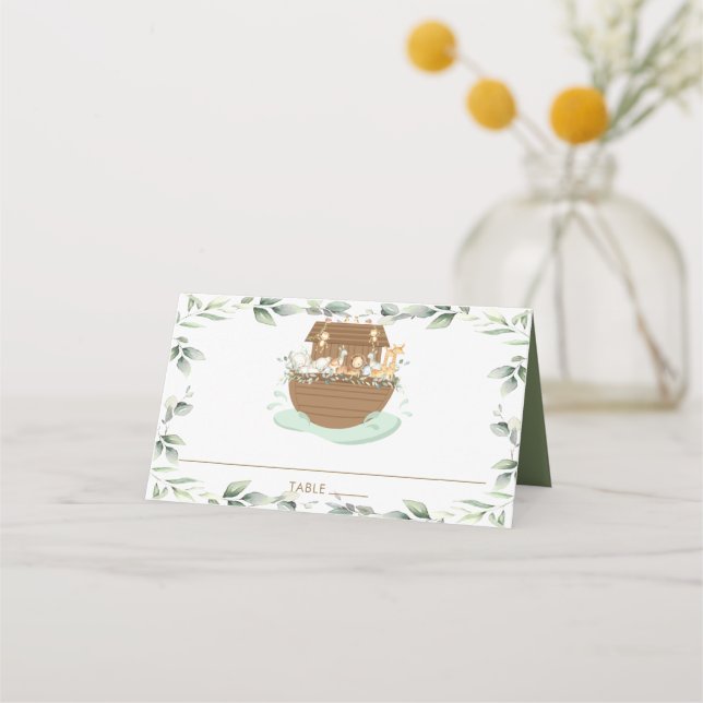 Noah's Ark Greenery Animals Baby Shower Birthday Place Card (Front)