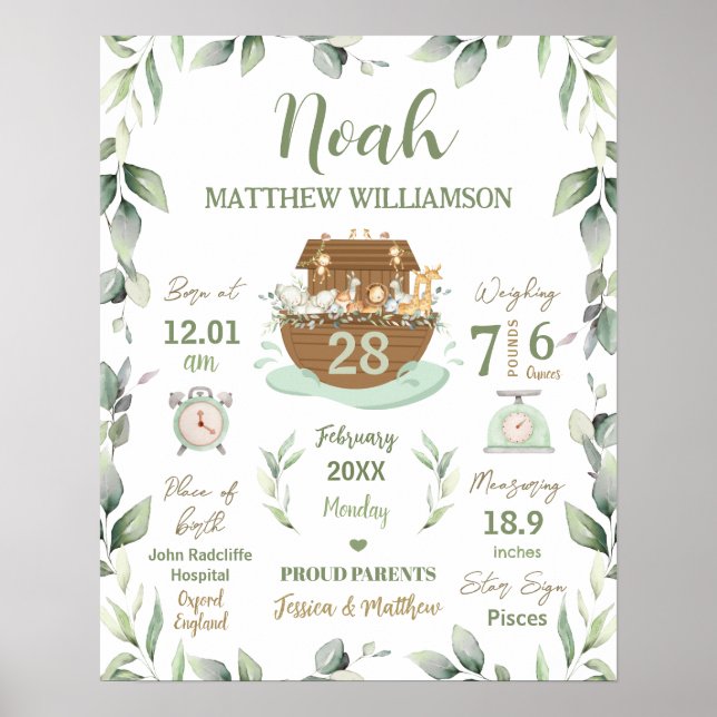 Noah's Ark Greenery Baby Birth Stats Nursery Poster (Front)