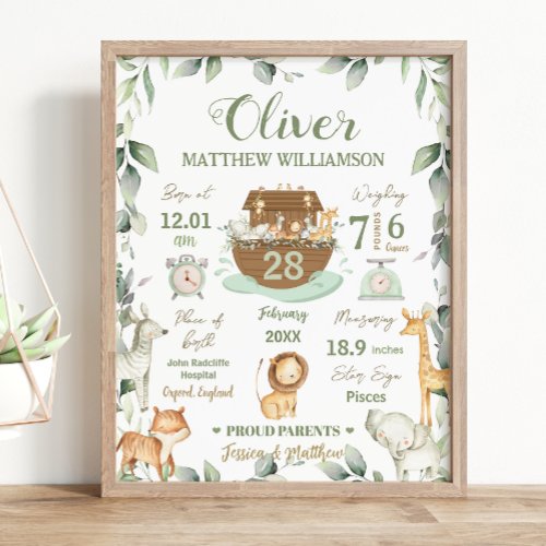 Noahs Ark Greenery Baby Birth Stats Nursery Poster