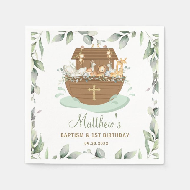 Noah's Ark Greenery Baby Shower 1st Birthday Napkins (Front)