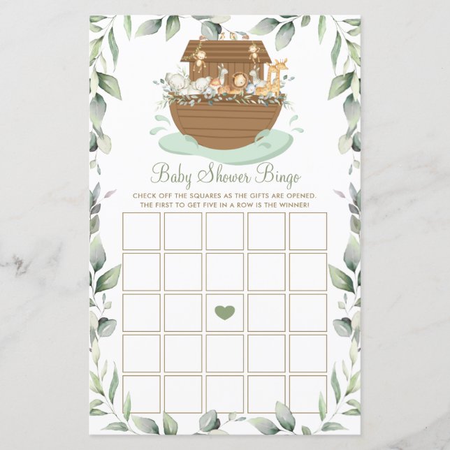 Noah's Ark Greenery Baby Shower Bingo Game (Front)