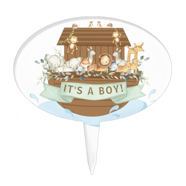Noah's Ark Greenery Baby Shower Birthday Baptism Cake Topper (Front)