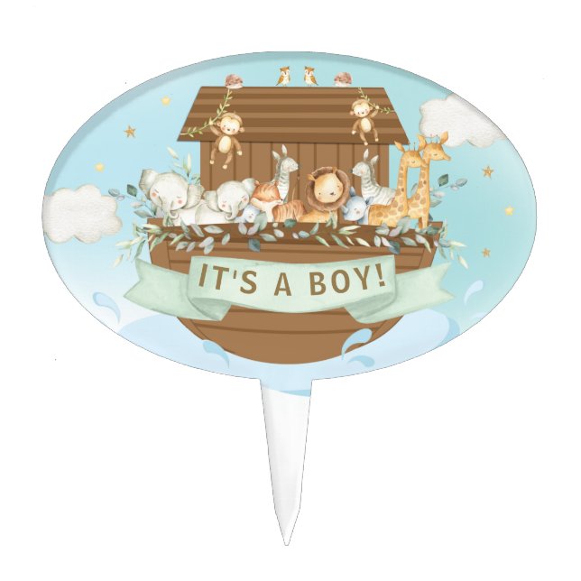 Noah's Ark Greenery Baby Shower Birthday Baptism Cake Topper (Front)