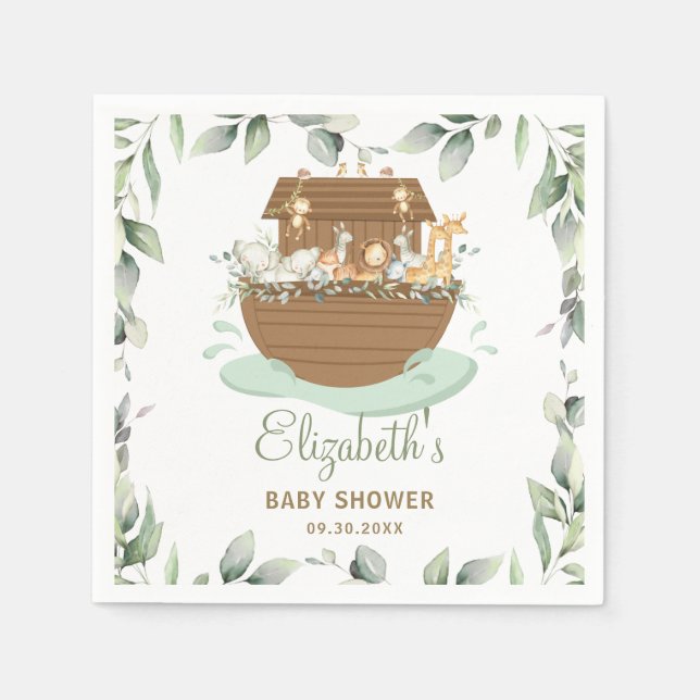 Noah's Ark Greenery Baby Shower Birthday Baptism Napkins (Front)
