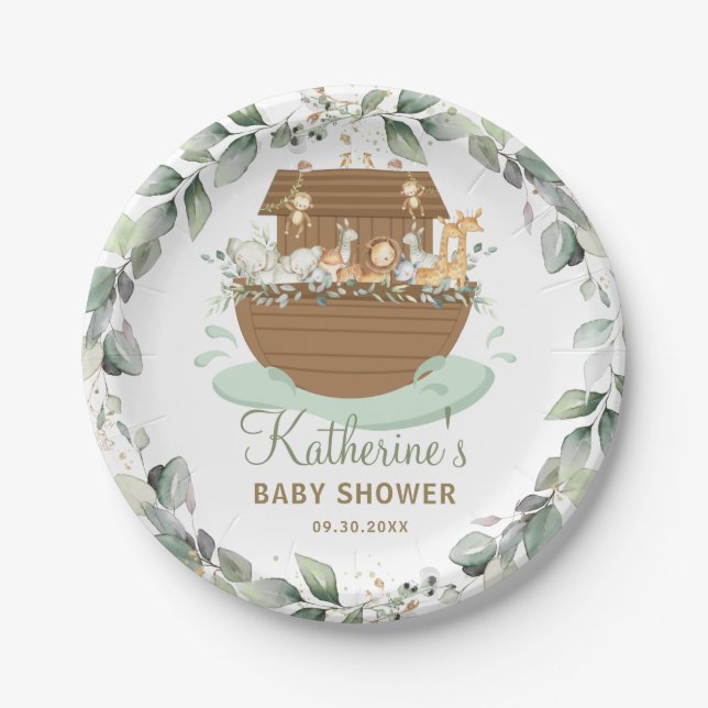 Noah's Ark Greenery Baby Shower Birthday Baptism Paper Plates (Front)