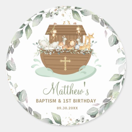 Noahs Ark Greenery Baptism Christening Birthday  Classic Round Sticker