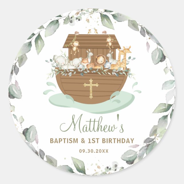 Noah's Ark Greenery Baptism Christening Birthday  Classic Round Sticker (Front)