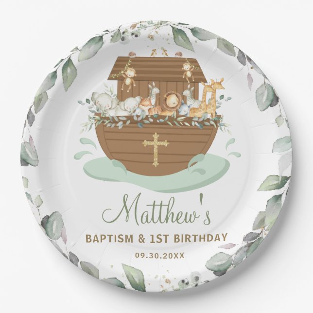 Noah's Ark Greenery Baptism Christening Birthday  Paper Plates (Front)