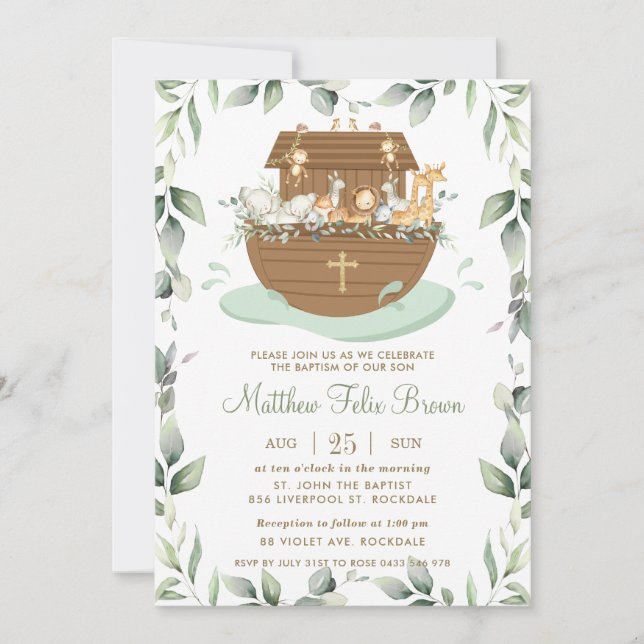 Noah's Ark Greenery Baptism Christening Neutral Invitation (Front)