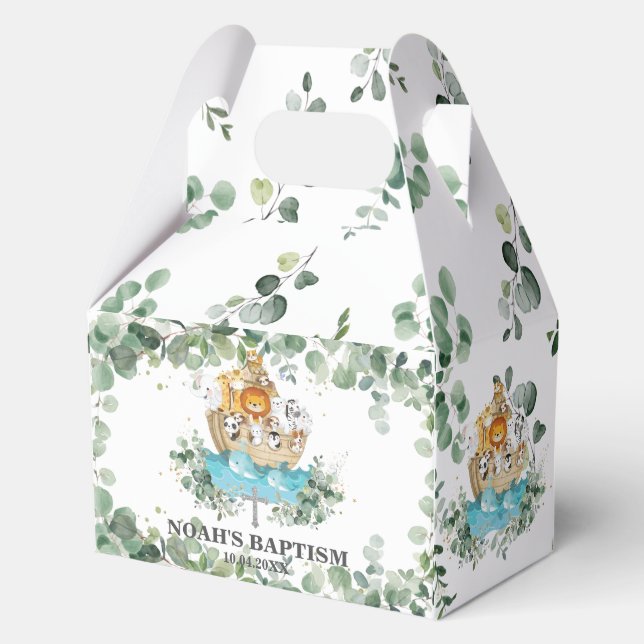 Noah's Ark Greenery Christening 1st Birthday Baby Favor Boxes (Front)