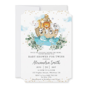 Noah's Ark Greenery Cute Animals Twins Baby Shower Invitation