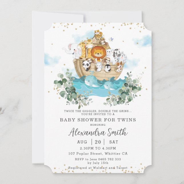 Noah's Ark Greenery Cute Animals Twins Baby Shower Invitation (Front)