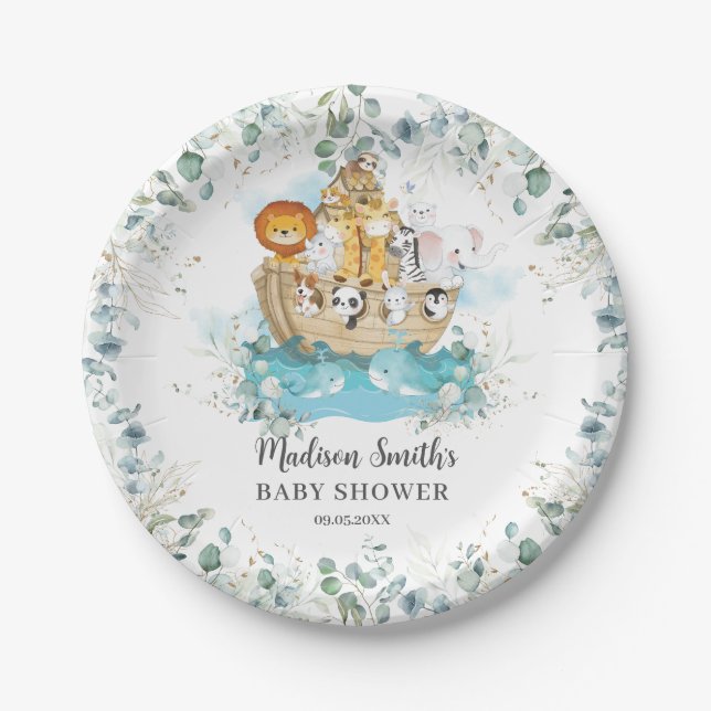 Noah's Ark Greenery Gender Neutral Baby Shower Paper Plates (Front)