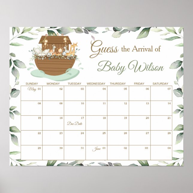 Noah's Ark Greenery Guess Baby's Due Date Game  Poster (Front)
