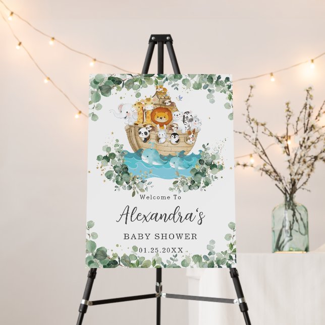 Noah's Ark Greenery Neutral Baby Shower Welcome Foam Board (In Situ (Stand))