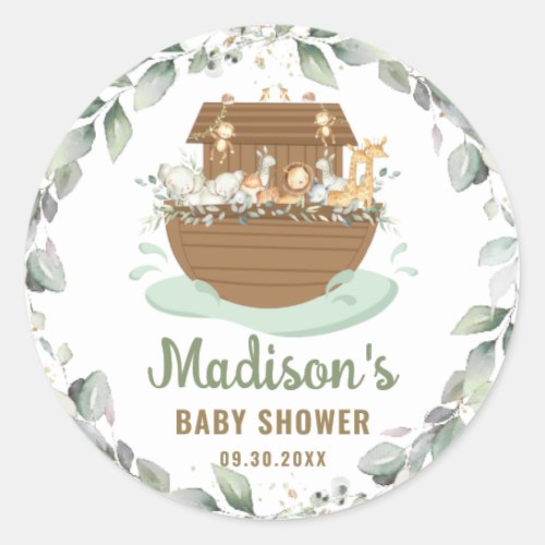 Noahs Ark Greenery Neutral Boy Girl Baby Shower  Classic Round Sticker