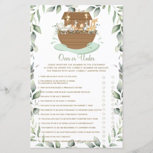 Noahs Ark Greenery Over or Under Baby Shower Game