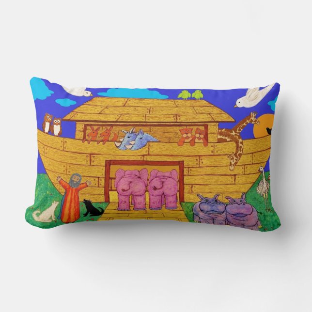 Noah's Ark illustration Rainbow Funny Elephant Lumbar Pillow (Front)