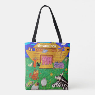 Noah's Ark illustration Rainbow Funny Elephant Tote Bag