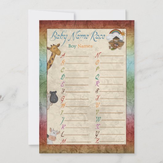 Noah's Ark Name Race Baby Shower Game Cards (Front)