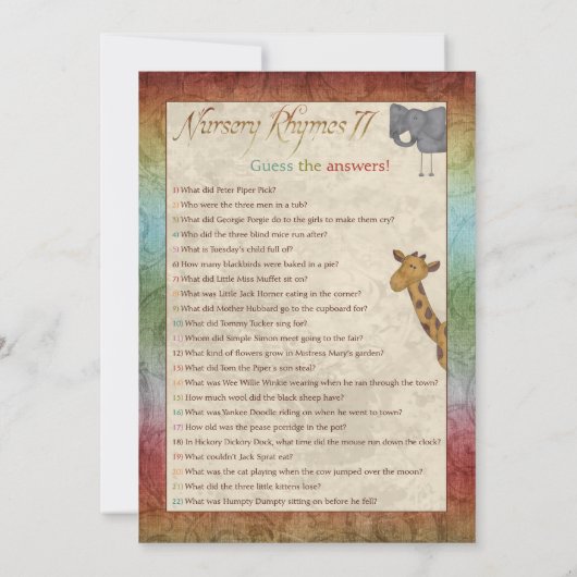 Noah's Ark Nursery Rhyme Baby Shower Games (Back)