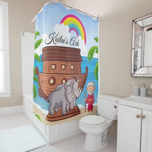 Noahs Ark Personalized Colorful Kids Bible Shower Curtain