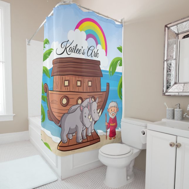 Noah's Ark Personalized Colorful Kids Bible Shower Curtain (In Situ)
