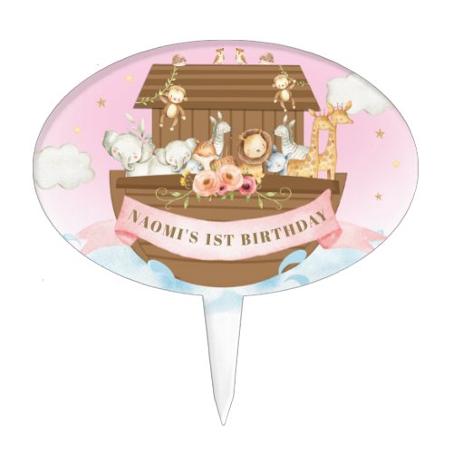 Noahs Ark Pink 1st First Birthday Party Decor Cake Topper