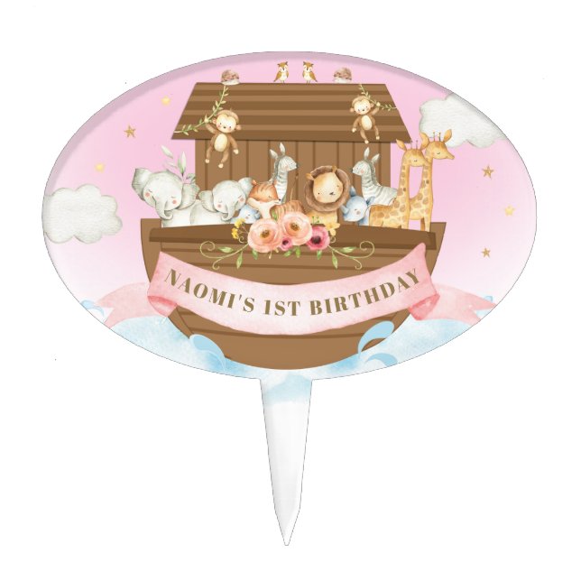 Noah's Ark Pink 1st First Birthday Party Decor Cake Topper (Front)