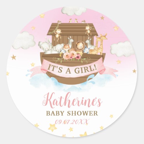 Noahs Ark Pink Animals Girl Baby Shower Favor  Classic Round Sticker