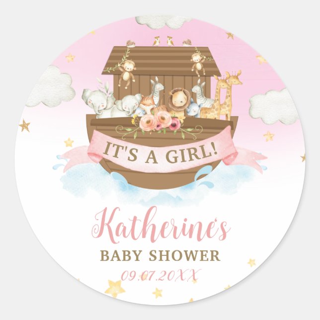 Noah's Ark Pink Animals Girl Baby Shower Favor  Classic Round Sticker (Front)
