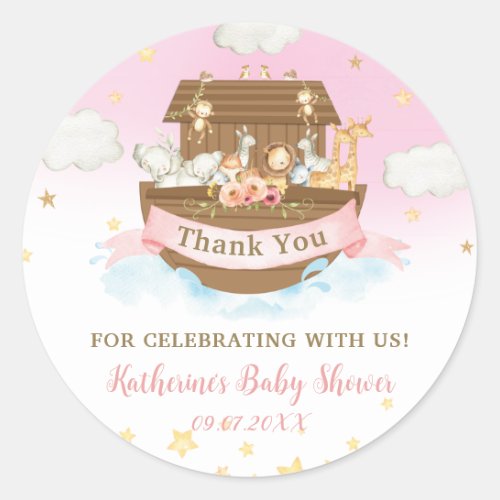 Noahs Ark Pink Animals Girl Baby Shower Thank You Classic Round Sticker