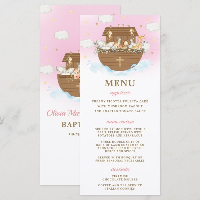 Noah's Ark Pink Baptism Birthday Baby Shower Menu (Front/Back)