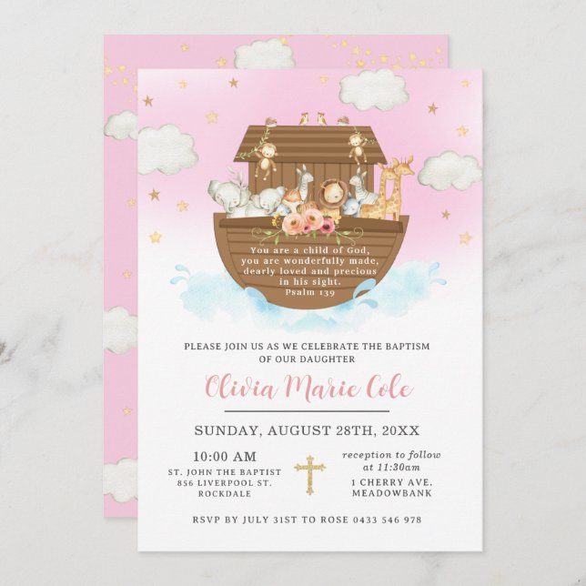 Noah's Ark Pink Baptism Christening Dedication Invitation (Front/Back)