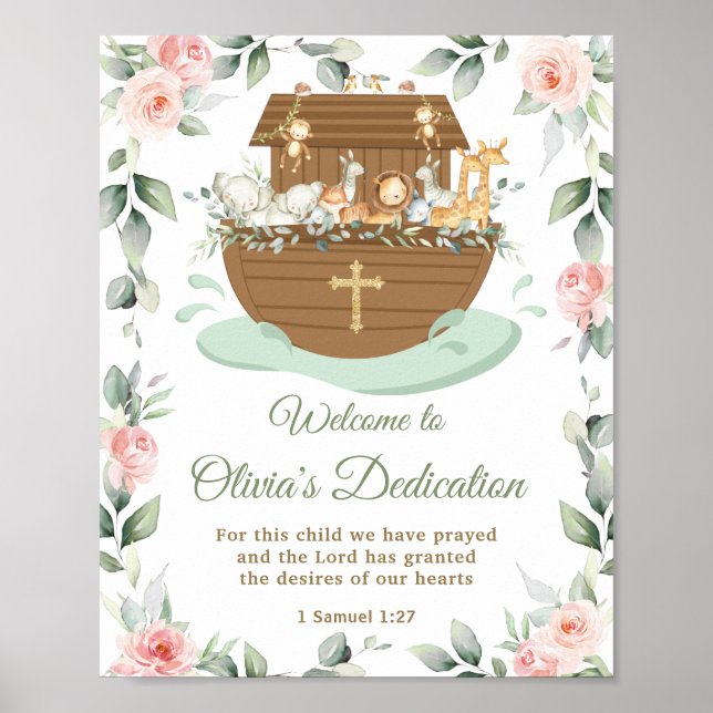 Noah's Ark Pink Floral Dedications Christening Poster (Front)