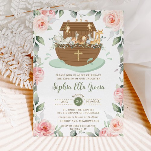 Noahs Ark Pink Floral Girl Baptism Christening Invitation