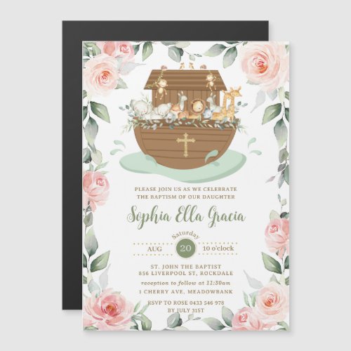 Noahs Ark Pink Floral Girl Baptism Invitation