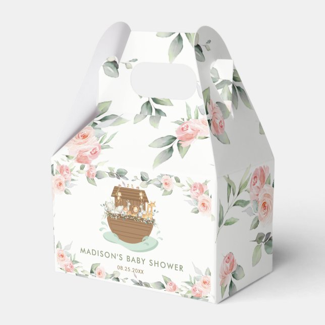 Noah's Ark Pink Floral Greenery Girl Baby Shower  Favor Boxes (Front Side)