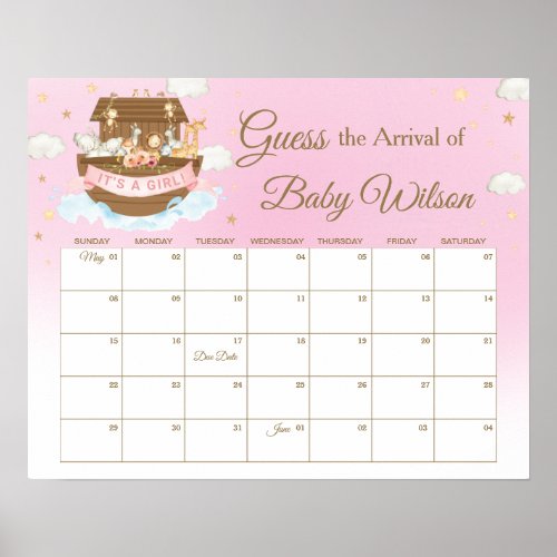 Noahs Ark Pink Girl Guess Babys Due Date Game Poster