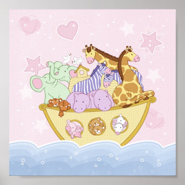 Noah's Ark Pink Nursery Poster Print (Front)