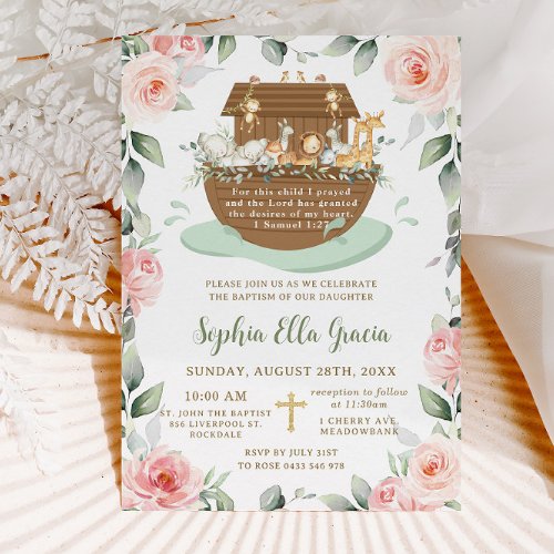 Noahs Ark Pink Roses Greenery Baptism Christening Invitation