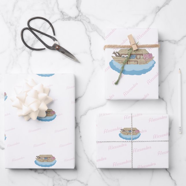 Noah's Ark  Pink Script Girl Baby Shower Wrapping Paper Sheets (Front)
