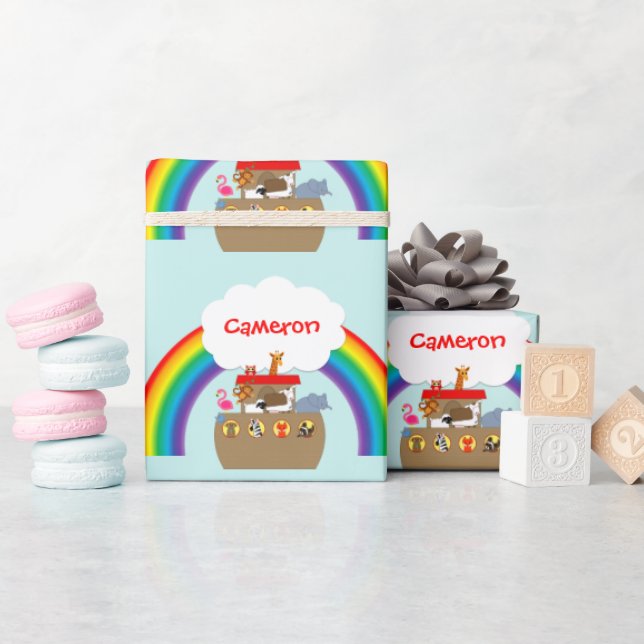 Noah's Ark Rainbow and Cloud Personalized Wrapping Paper (Baby Shower)