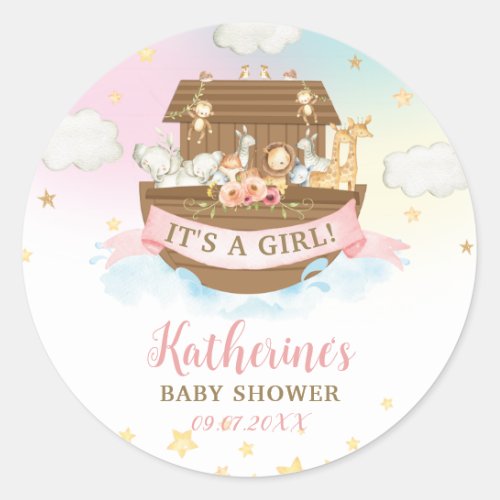 Noahs Ark Rainbow Animals Girl Baby Shower Favor Classic Round Sticker