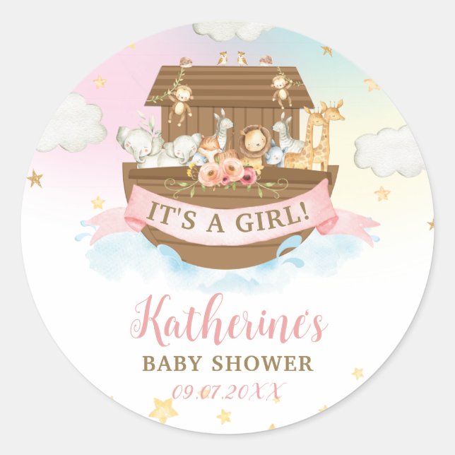 Noah's Ark Rainbow Animals Girl Baby Shower Favor Classic Round Sticker (Front)