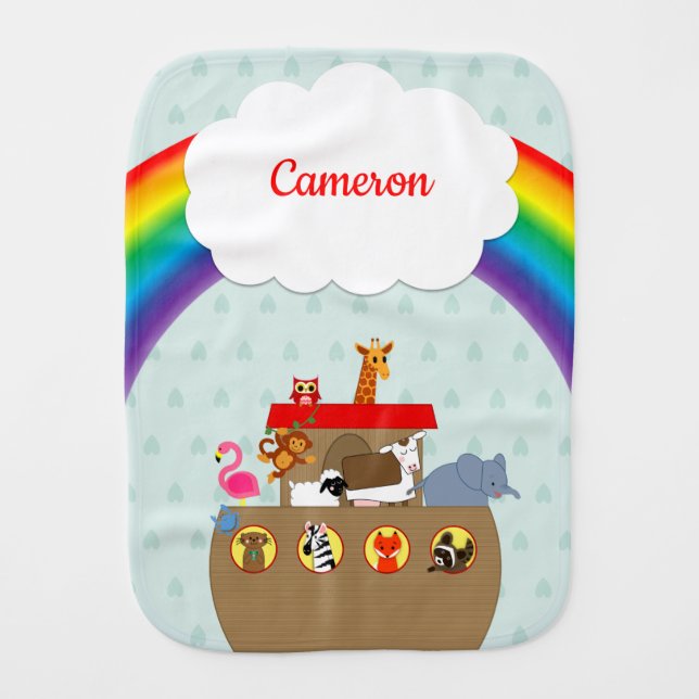 Noah's Ark Rainbow Personalized Baby Burp Cloth (Front)